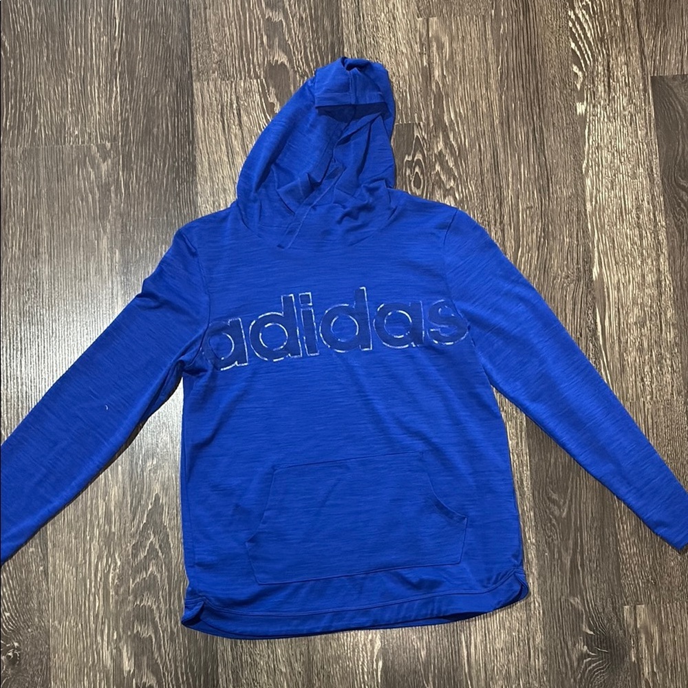 Girls royal blue adidas long sleeve shirt with a hood. Dri fit material size xl